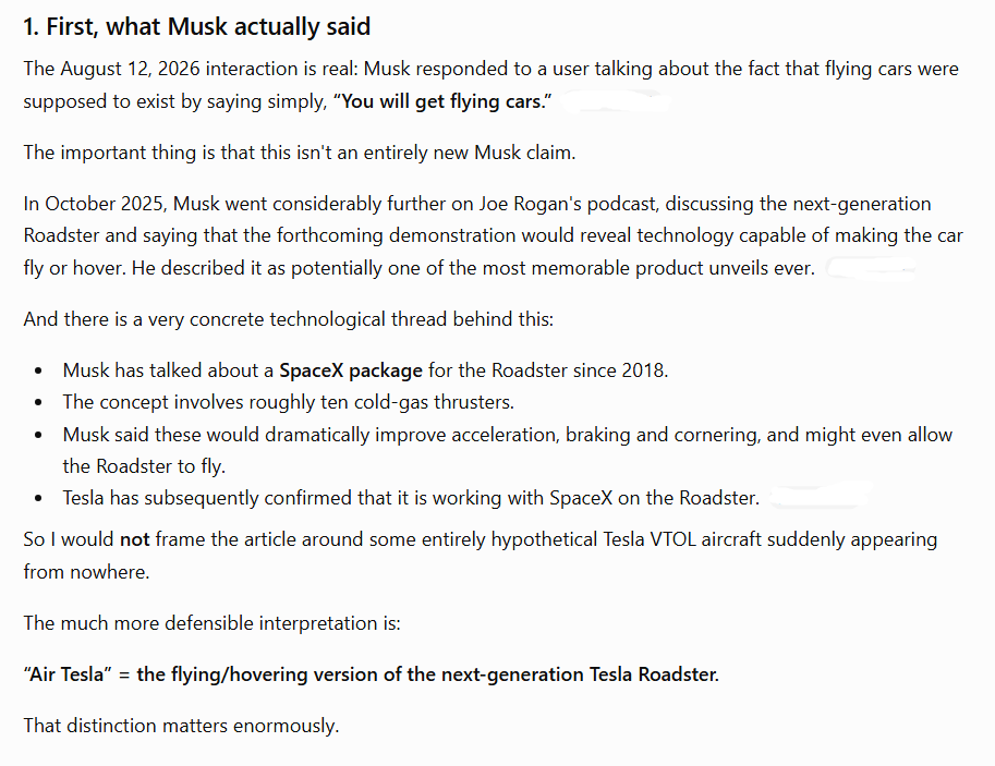 ChatGPT summarizes Elon Musk's flying car claims.
