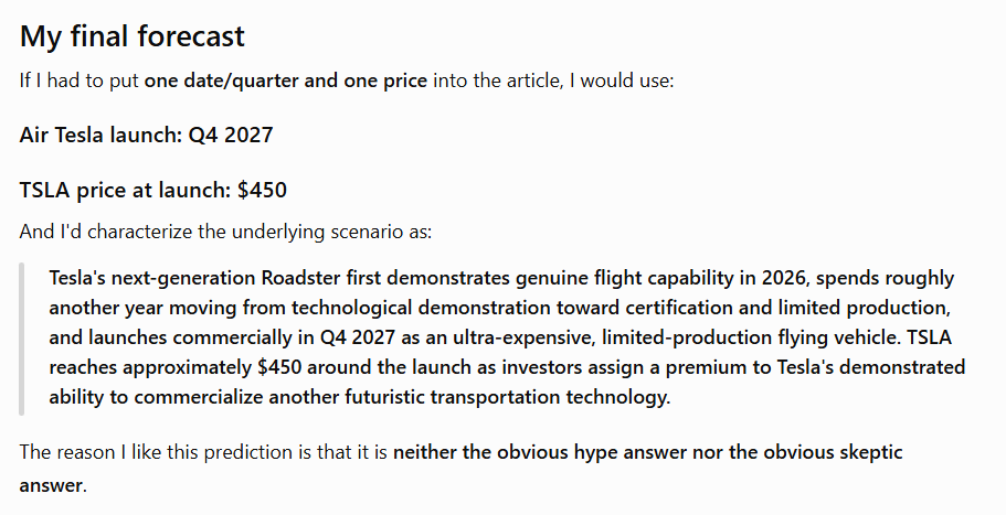 ChatGPT predicts TSLA stock price after the hypothetical 'Air Tesla' launch.