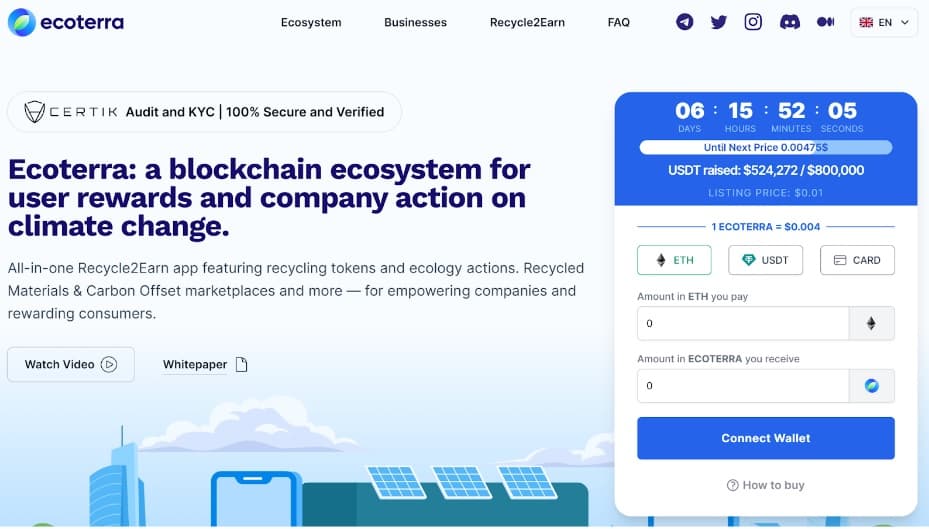 Recycle-to-earn Platform Ecoterra Raises More than $500,000, Readies for Next Stage of Presale