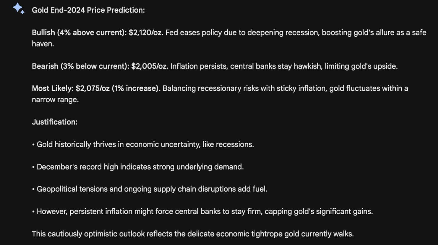 AI predicts Gold price for the end of 2024