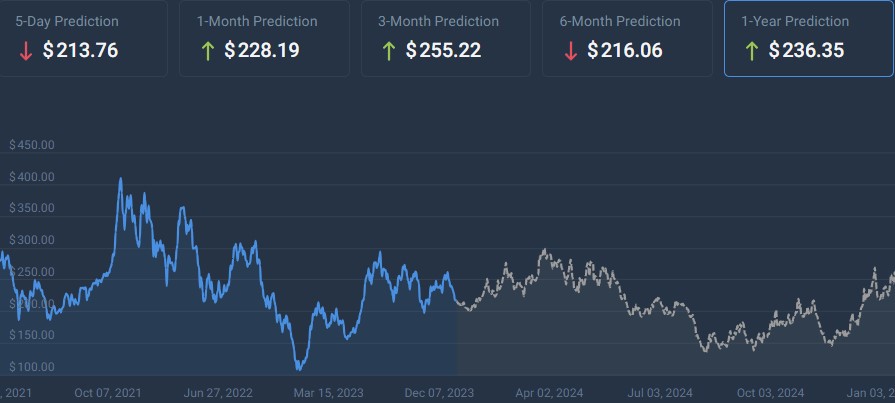 Predikcia ceny akcií TSLA na koniec roka 2024. Zdroj: CoinCodex