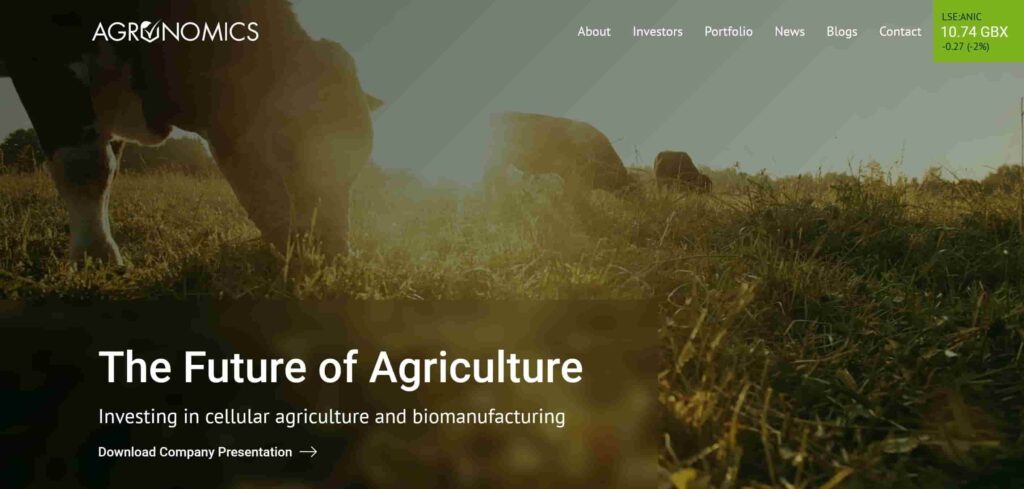 How to Invest in Lab Grown Meat Stocks: Agronomics homepage screenshot.
