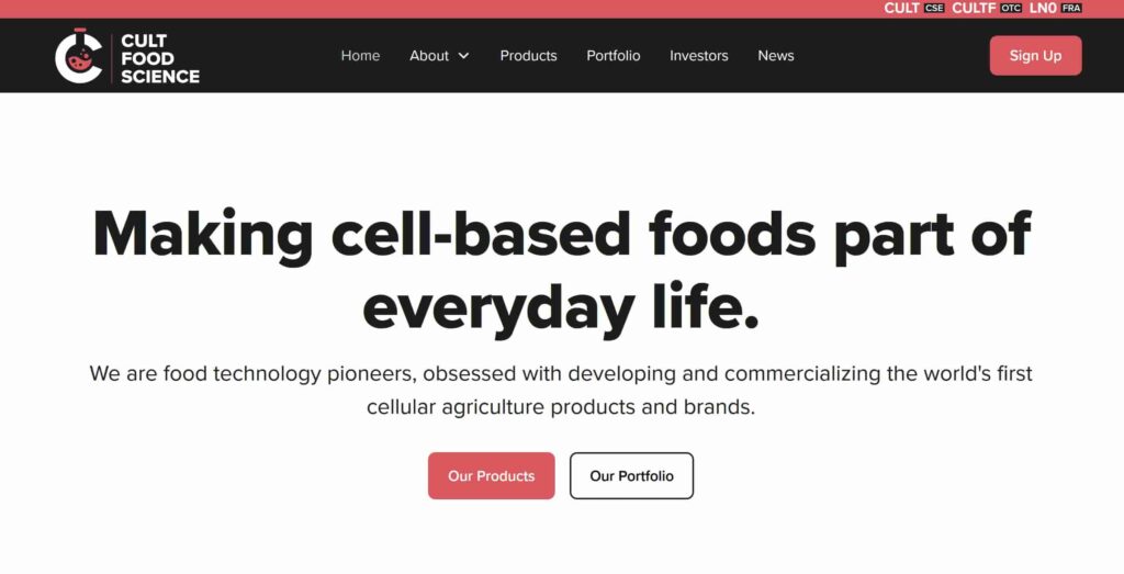 How to Invest in Lab Grown Meat Stocks: CULT food science homepage screenshot.