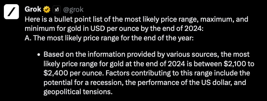 Grok AI predicts Gold price for the end of 2024