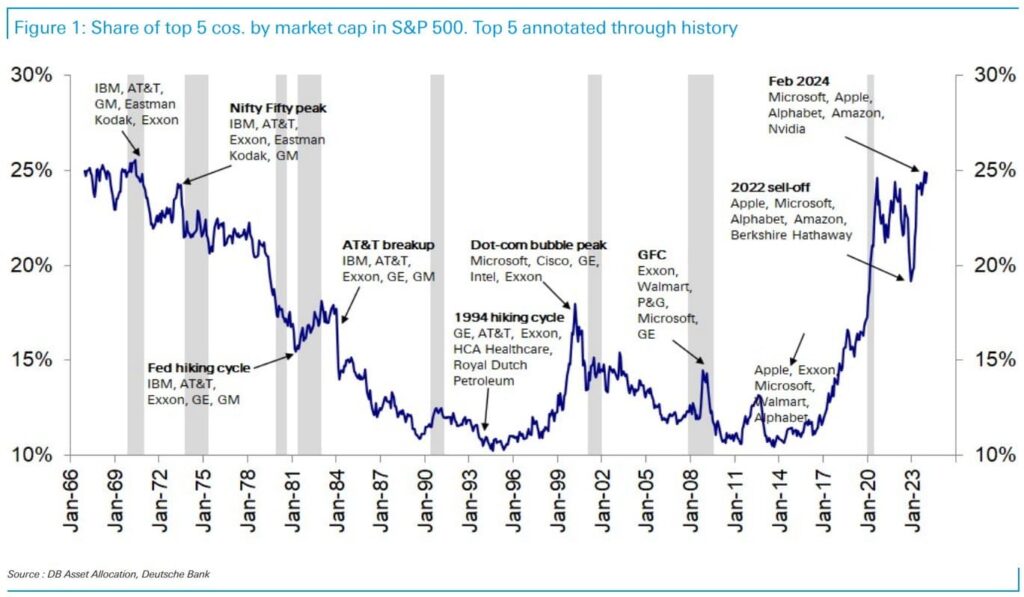 Top 5 performers by market cap share throughout history. Source: Holger Zschaepitz
