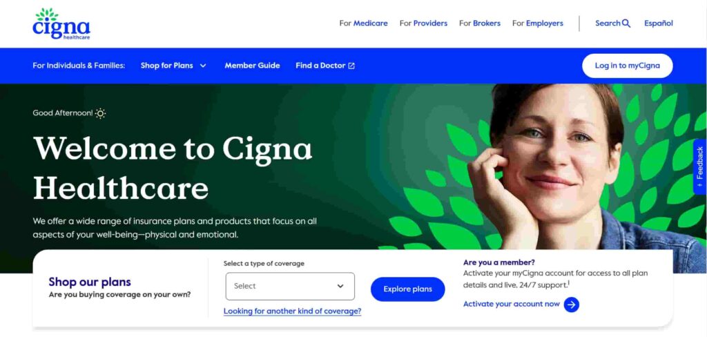 The healthcare stock with a century of sky-high returns you never knew about: Cigna homepage screenshot.