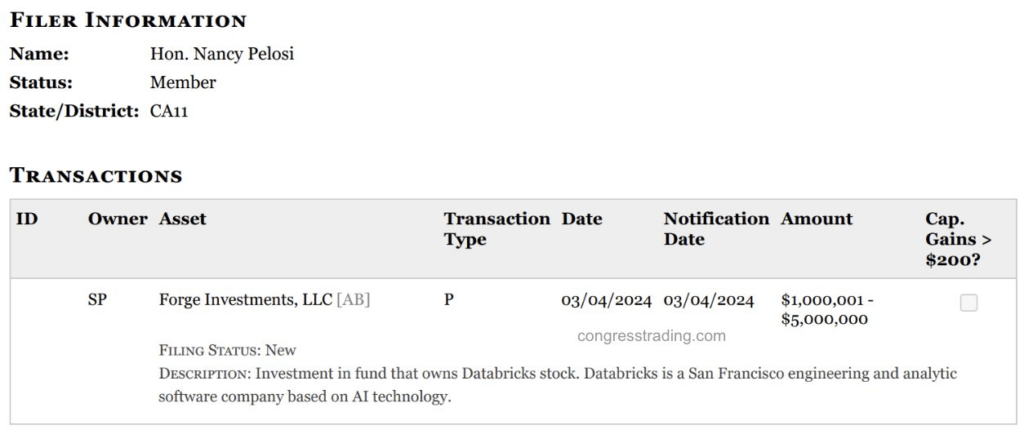 Nancy Pelosi purchase of Databricks stock. Source: congresstrading.com
