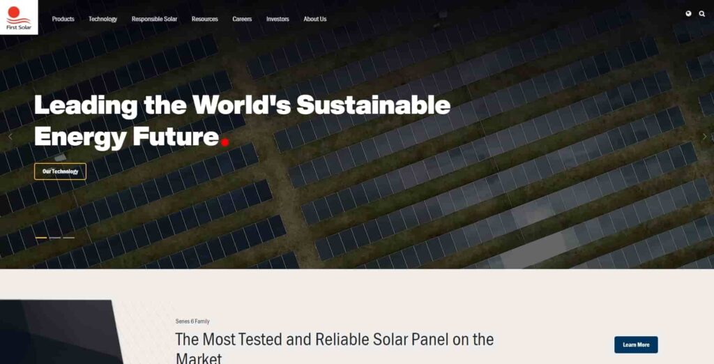 Solar stock shines bright: The energy firm leading the green revolution: First Solar homepage screenshot.