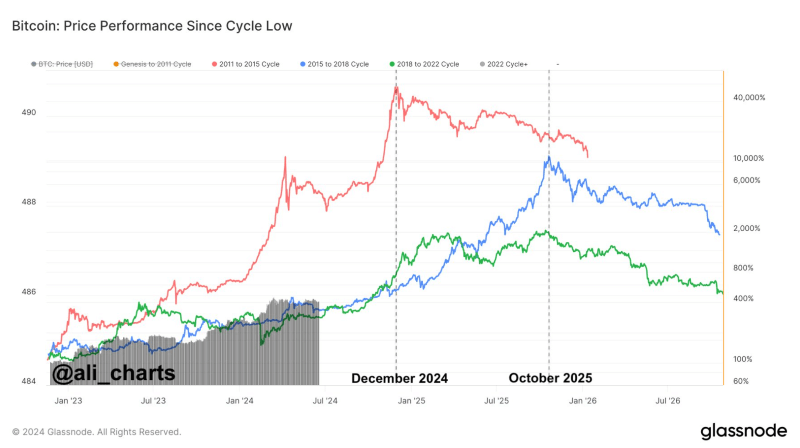 Bitcoin price performance since cycle low. Source: Ali Martinez
