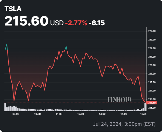 TSLA stock 24-hour price chart. Source: Finbold
