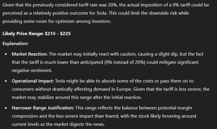 ChatGPT-4os forecast for Tesla share price. Source: Finbold and ChatGPT