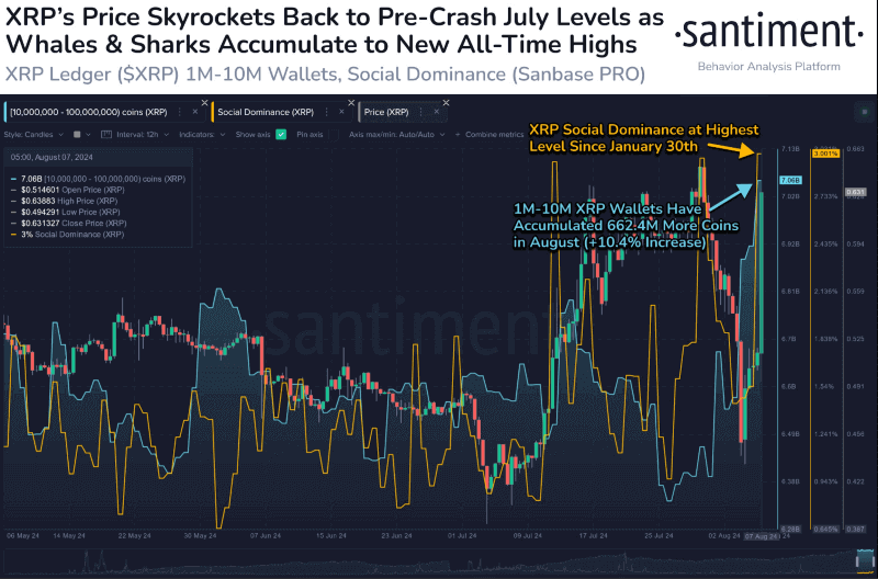 XRP social dominance and wallets. Source: Santiment