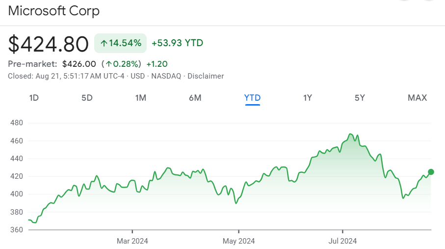 Microsoft stock price year-to-date (YTD) chart. Source: Google Finance