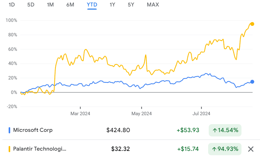 Microsoft stock vs. Palantir stock price year-to-date (YTD) performance. Source: Google Finance