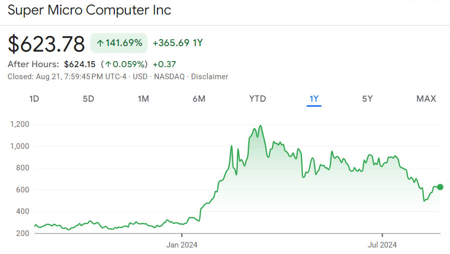 SMCI stock price 12-month chart. Source: Google Finance