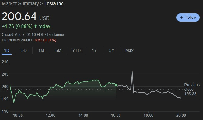 TSLA stock 24-hour price chart.  Source: Google Finance
