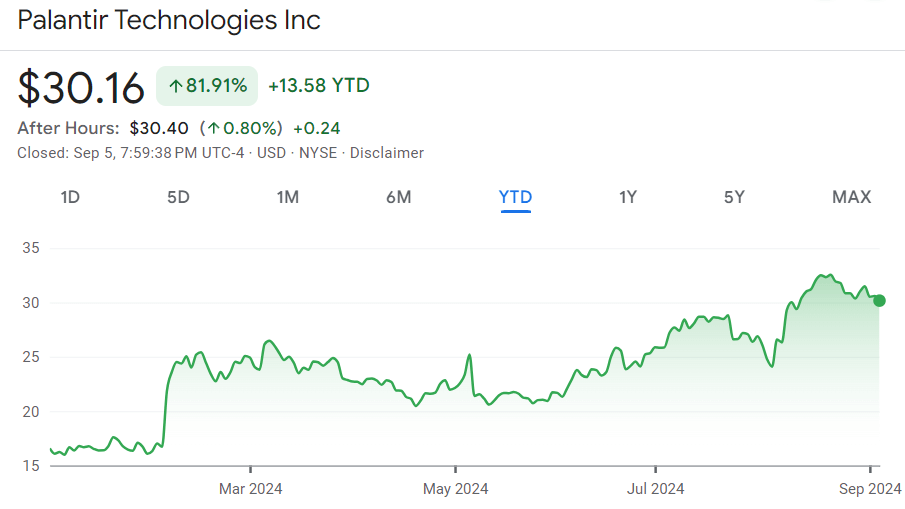 Palantir stock price year-to-date (YTD) chart. Source: Google Finance