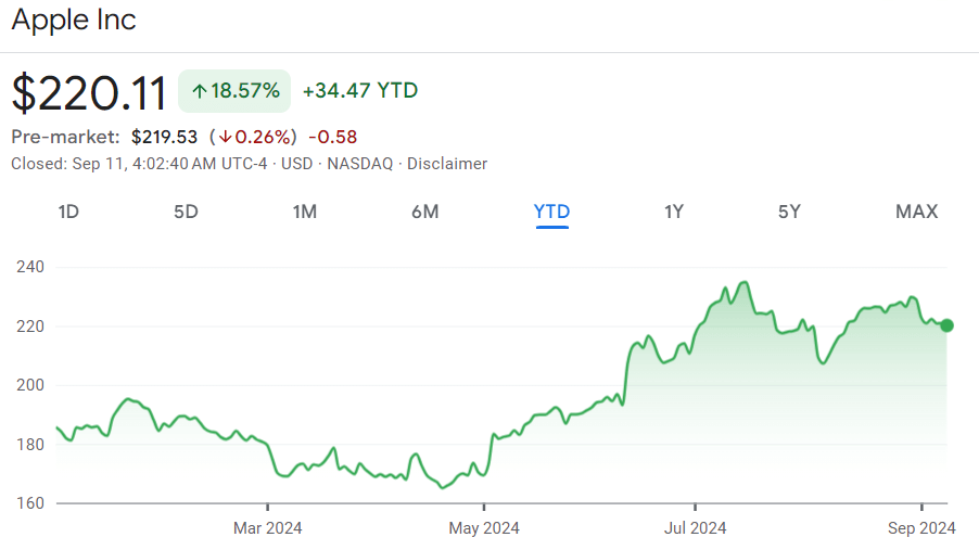 Apple stock price year-to-date (YTD) chart. Source: Google Finance