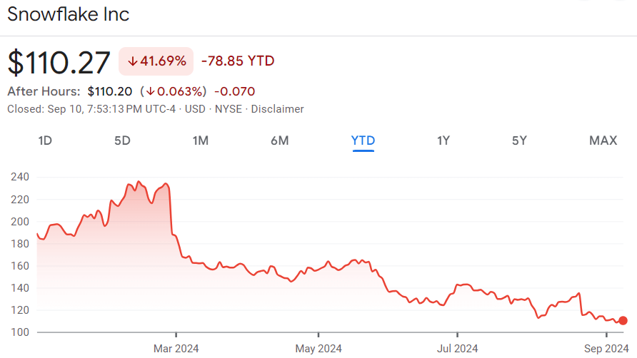 Snowflake stock price YTD chart. Source: Google Finance