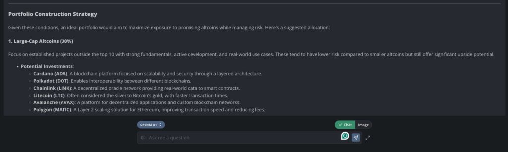 OpenAI o1 crypto portfolio allocations – Large-cap altcoins. Source: NanoGPT / Finbold
