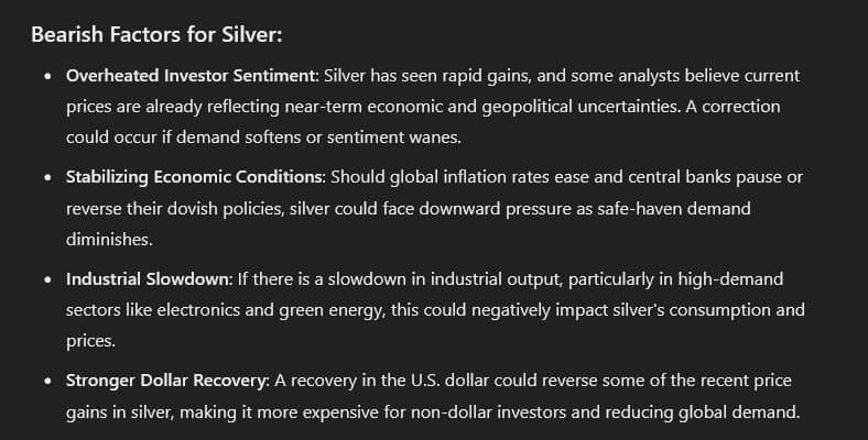 ChatGPT-4o outlines bearish factors for silver. Source: Finbold & ChatGPT-4o