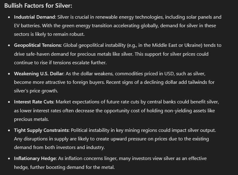 ChatGPT-4o outlines bullish factors for silver. Source: Finbold & ChatGPT-4o