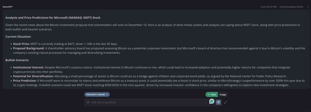 Perplexity AI on Microsoft (MSFT) stock bullish price prediction. Source: NanoGPT / Finbold