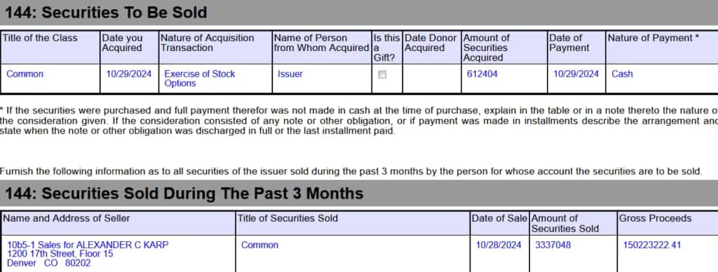 SEC form 144 detailing Karp's sale of PLTR stock. Source: SEC