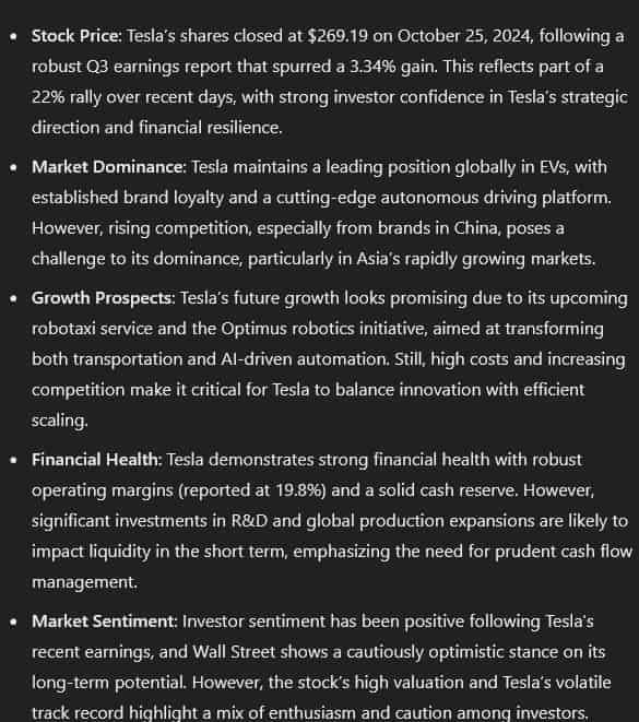 TSLA stock outlook. Source: ChatGPT-4o