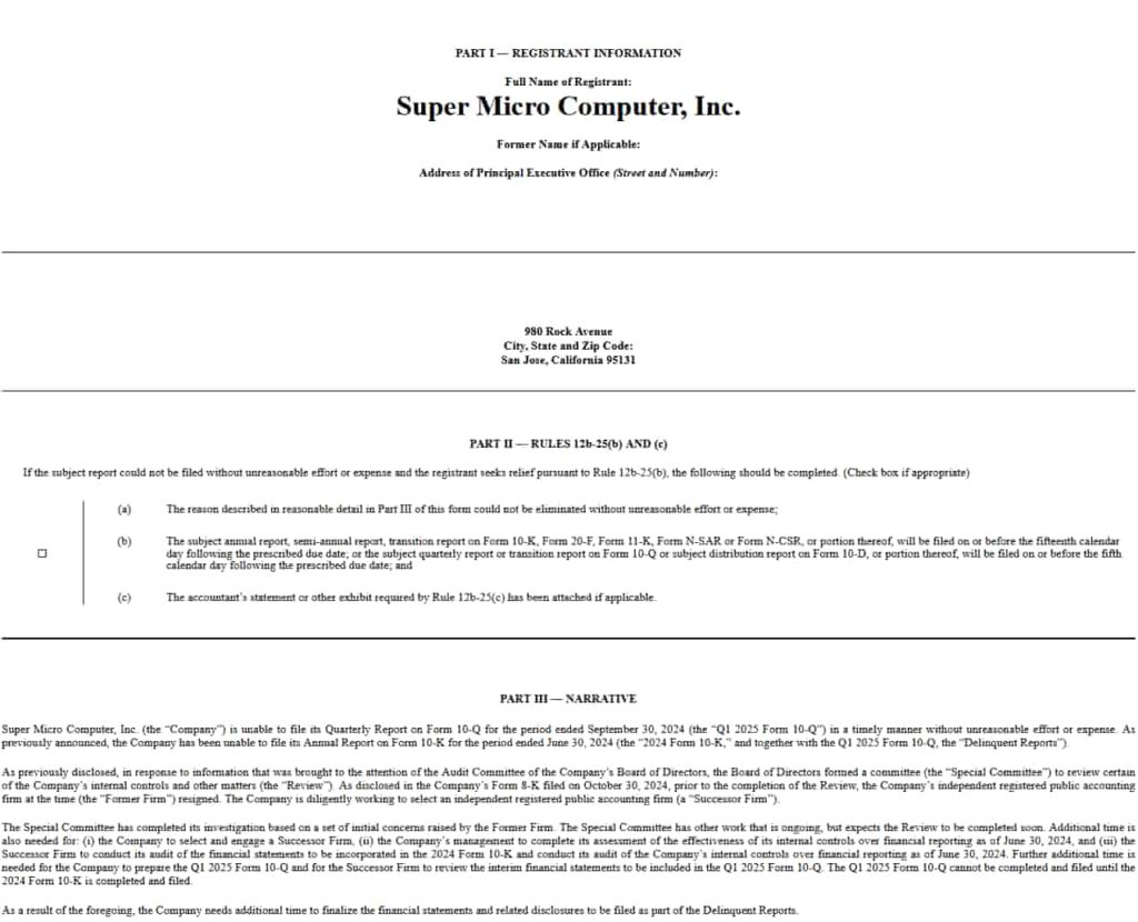 Form NT 10-Q filed by SuperMicro. Source: SEC