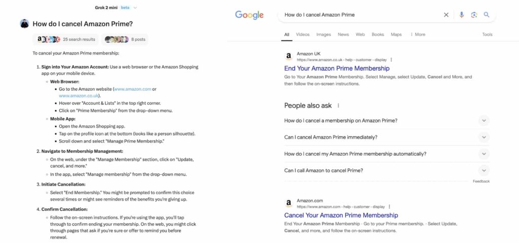 Screenshots of Grok 2 and Google answering the same question. Source: Mario Nawfal / Finbold