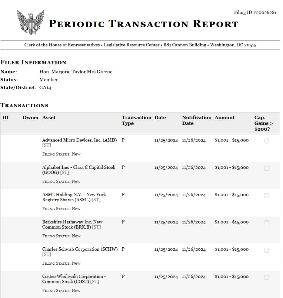 Period transaction report detailing Marjorie Taylor Greene's trades. Source: Clerk of the House of Representatives