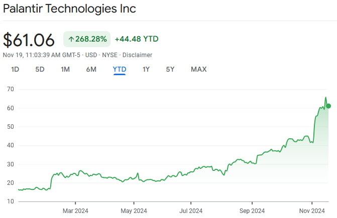 PLTR stock price YTD chart. Source: Google Finance