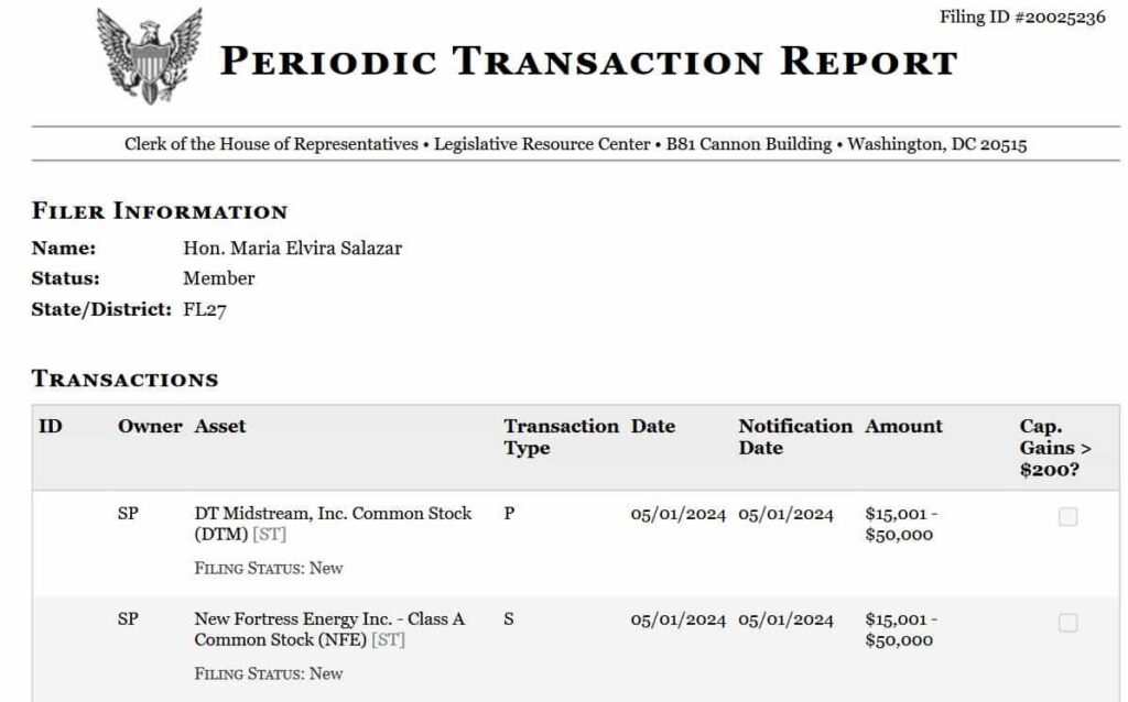 Periodic transaction report detailing Salazar's purchase of DTM stock.  Source: Clerk of the House of Representatives