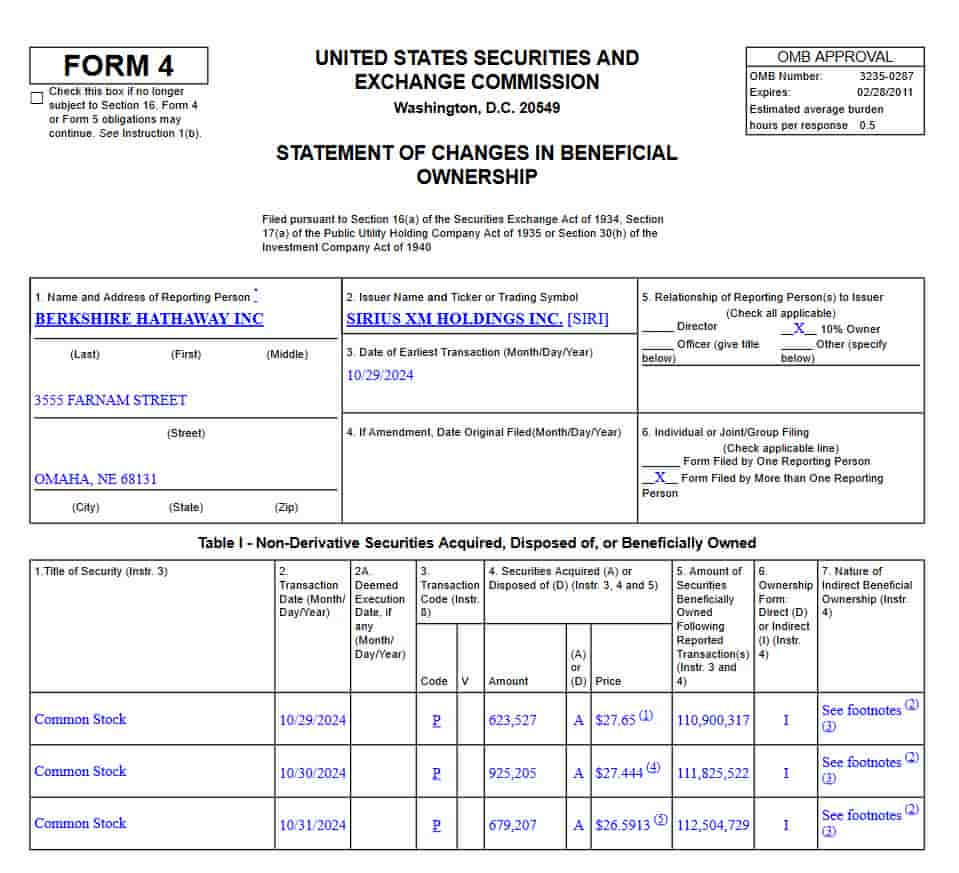 Form 4 filing detailing Buffett's purchase of SIRI stock. Source: SEC