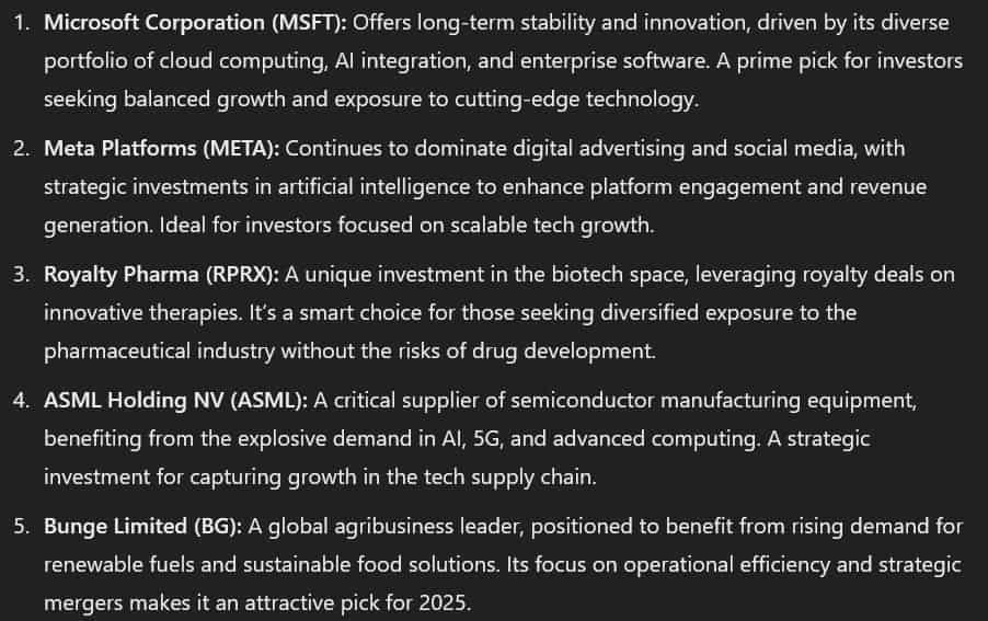 ChatGPT's stock picks for 2025. Source: OpenAI