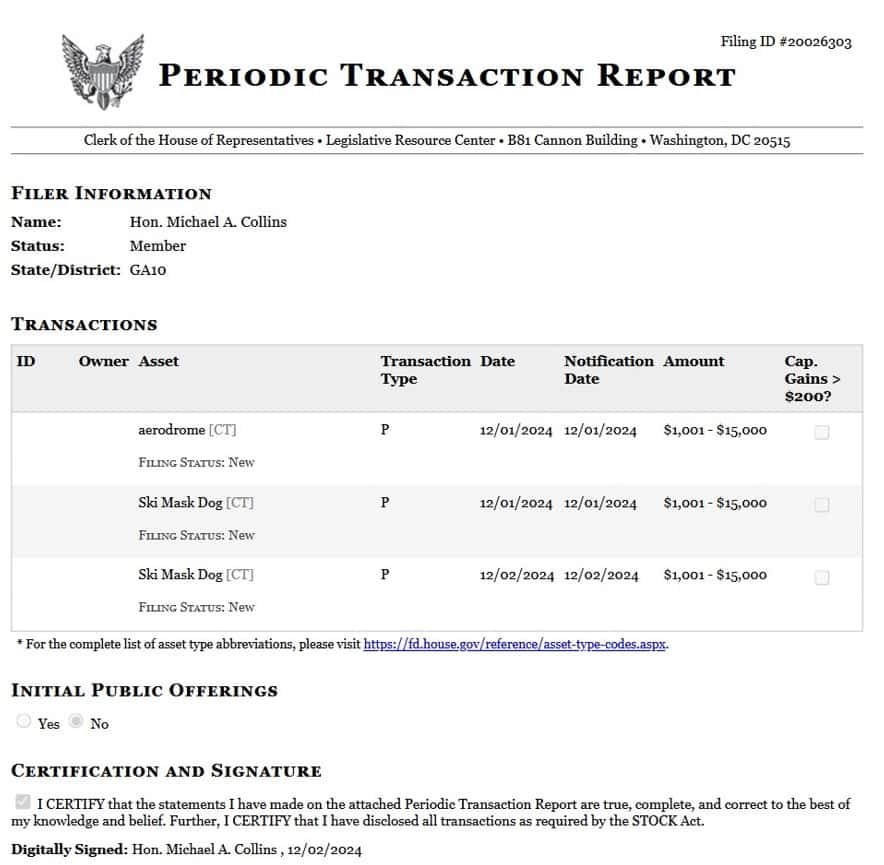 Period transaction report covering Collins' purchase of SKI. Source: Clerk of the House of Representatives