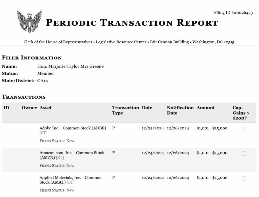 Period transaction report detailing Marjorie Taylor Greene's investments. Source: Clerk of the House of Representatives