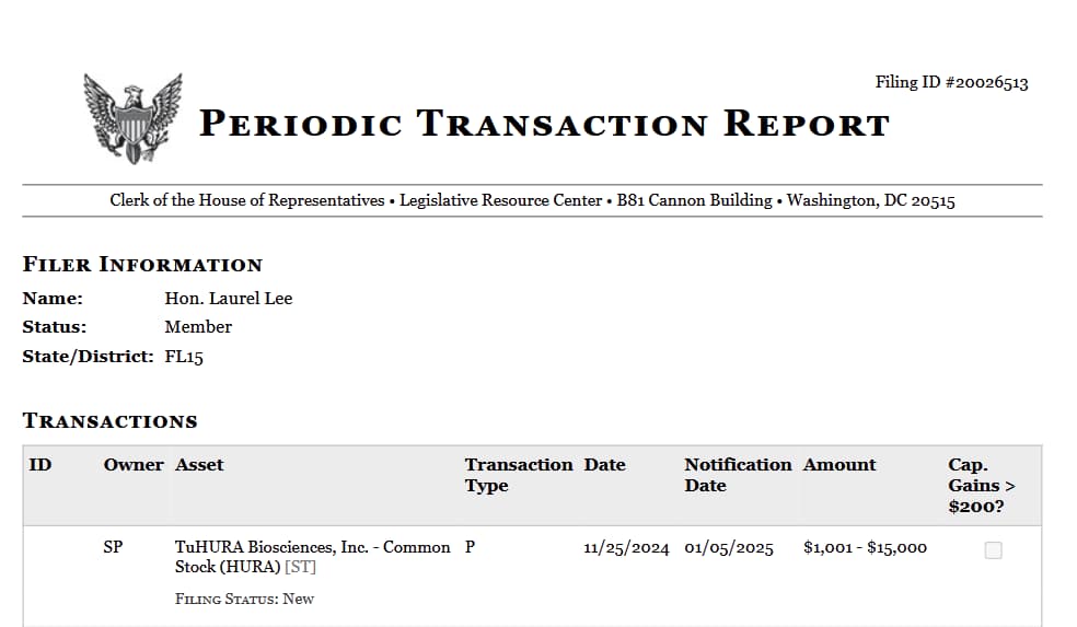 Periodic transaction report detailing Lee's purchase of HURA stock. Source: Clerk of the House of Representatives