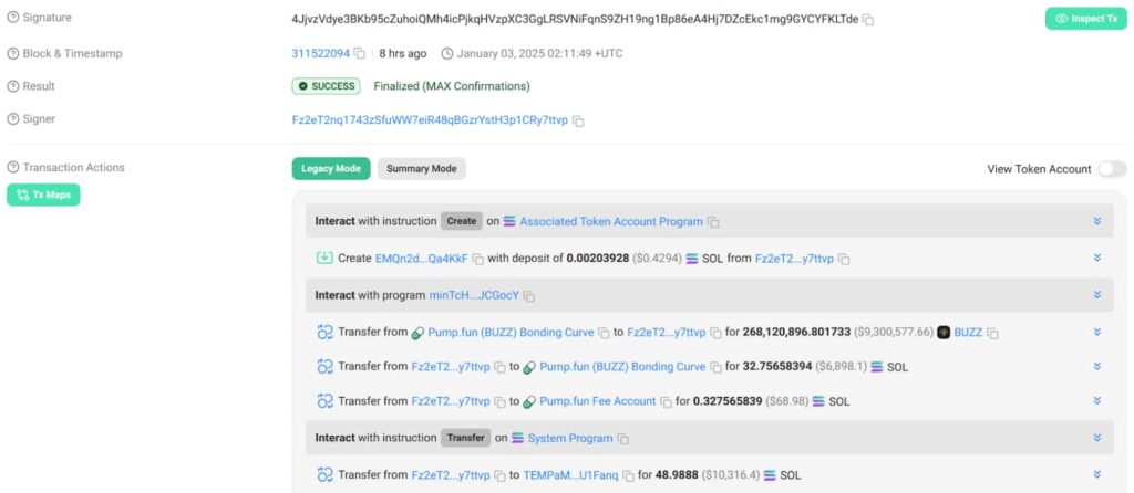 The initial purchase of BUZZ. Source: Solscan