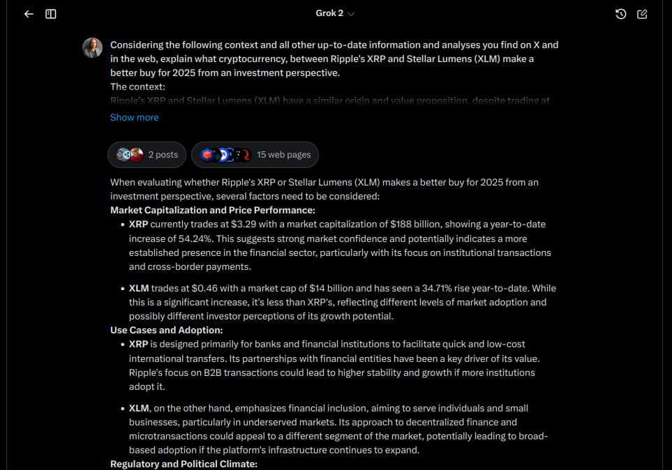 Grok 2 on “XRP or XLM as a better buy for 2025” – Part 1. Source: Finbold / Vinicius Barbosa