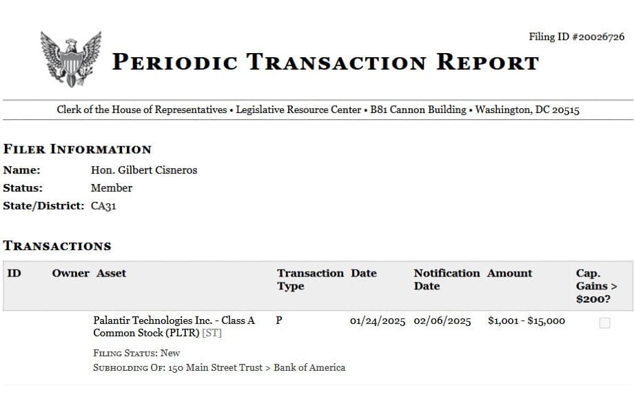 Periodic transaction report detailing Cisneros's purchase of PLTR stock. Source: Clerk of the House of Representatives