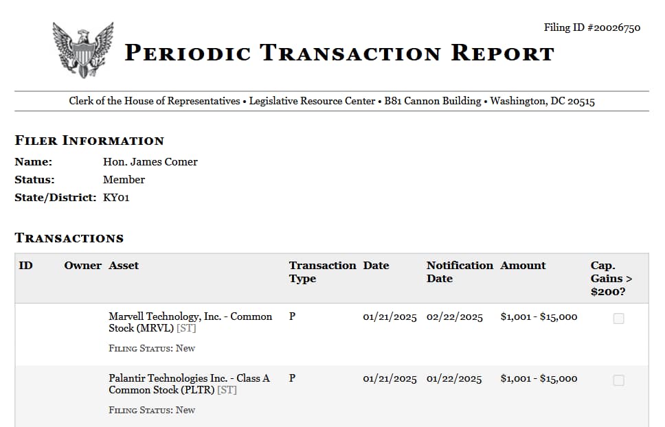 Periodic transaction report detailing Comer's purchase of PLTR stock. Source: Clerk of the House of Representatives