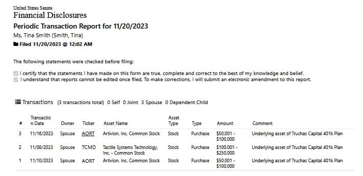 Periodic transaction report detailing Smith's purchase of AORT stock. Source: United States Senate Financial Disclosures