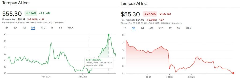 TEM stock price 6-month and 1-week charts. Source: Google Finance