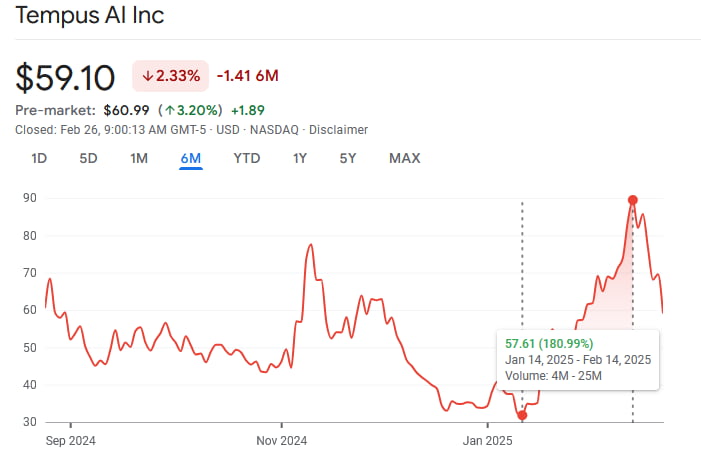 TEM stock price 6-month chart. Source: Google Finance