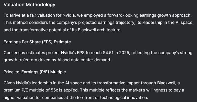 Valuation methodology employed by DeepSeek to arrive at an NVDA price target. Source: DeepSeek