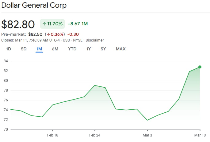 DG stock price 1-month chart. Source: Google Finance