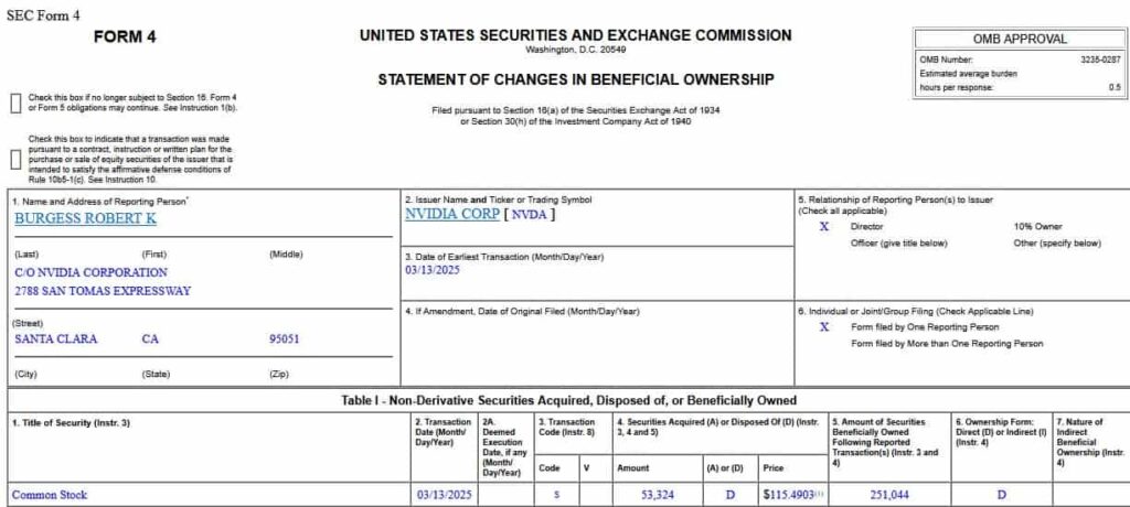 Form 4 filing detailing Burgess' sale of NVDA stock. Source: SEC