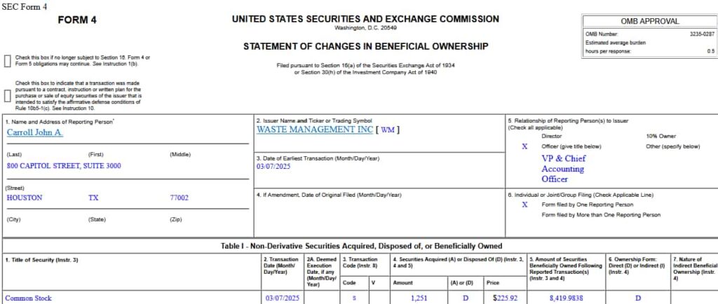 Form 4 filing detailing Carroll's sale of WM stock. Source: SEC